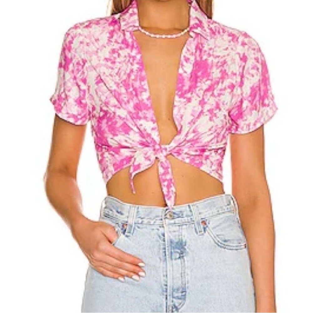 For Love and Lemons Pink Tie Dye Front Tie Top Shirt Women's XS New